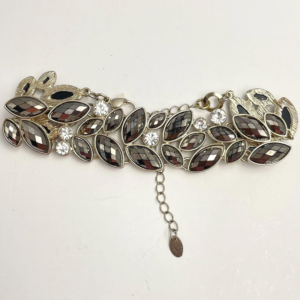 Vintage Gold Tone Sky Gray Marquise Rhinestone Link Bracelet Cluster Jewelry Y2K